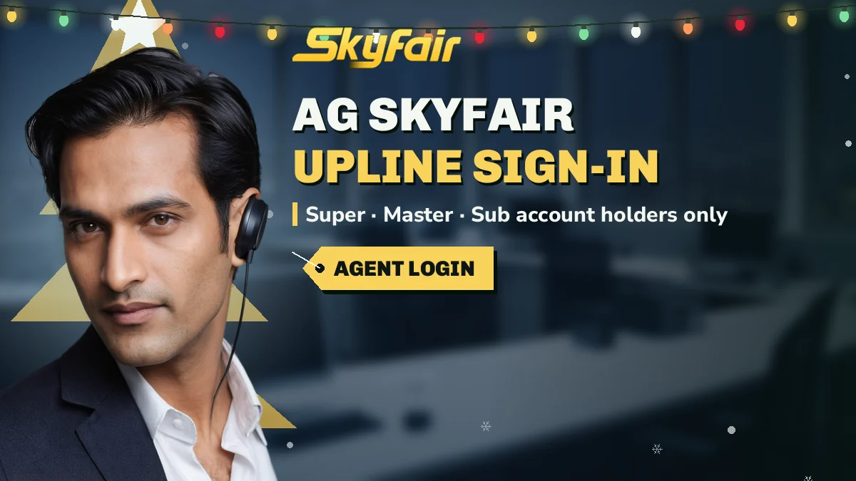 Ag SkyFair: Upline sign-in banner, super · Master · Sub account holders only, agent in a navy blazer with headset