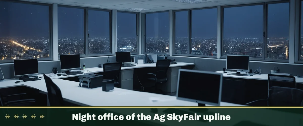 Night office of the Ag SkyFair upline — an office of desks and headsets above snowy roofs