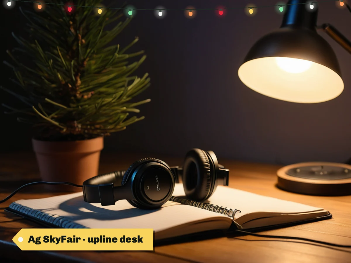 Ag SkyFair · upline desk — a headset beside a notebook and a small potted pine