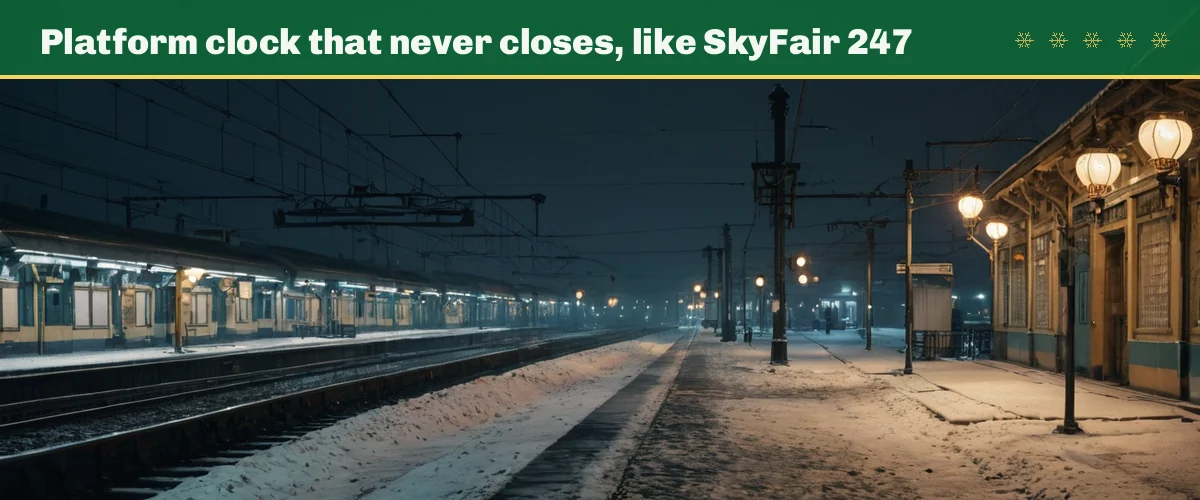 Platform clock that never closes, like SkyFair 247 — a railway platform clock in falling snow