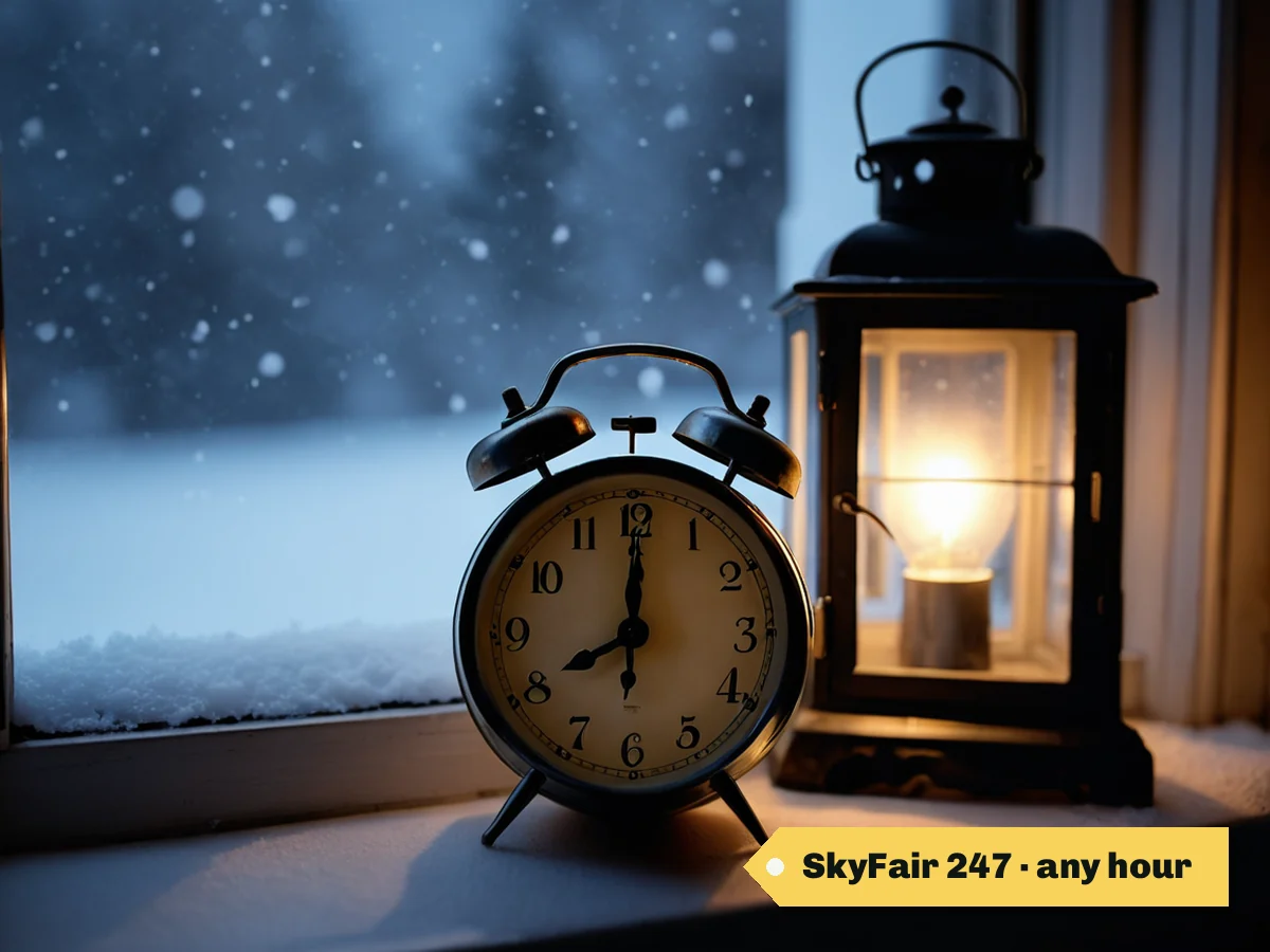 SkyFair 247 · any hour — an alarm clock on a snowy windowsill next to a lantern