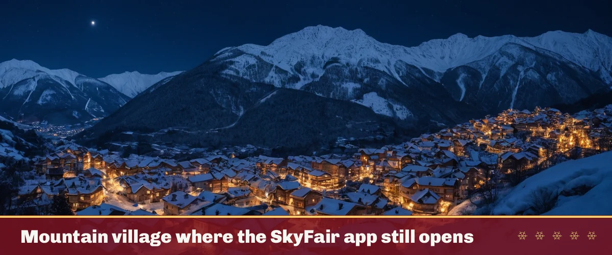 Mountain village where the SkyFair app still opens — snowy village roofs with warm windows
