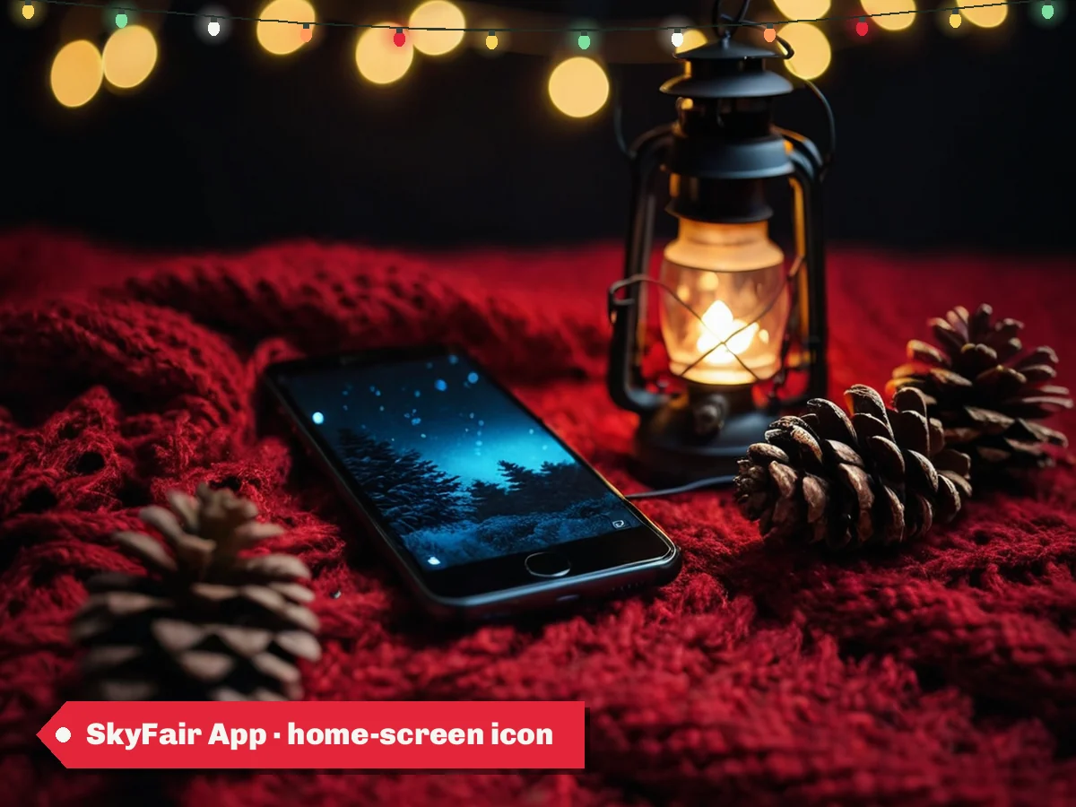 SkyFair App · home-screen icon — a phone on a red knitted blanket with pine cones