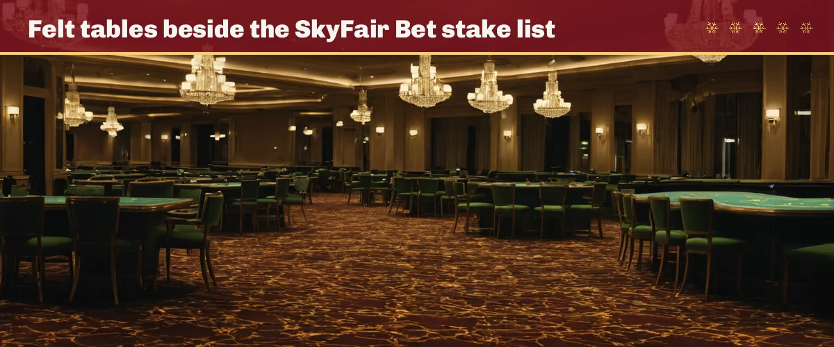 Felt tables beside the SkyFair Bet stake list — a casino floor of green felt tables