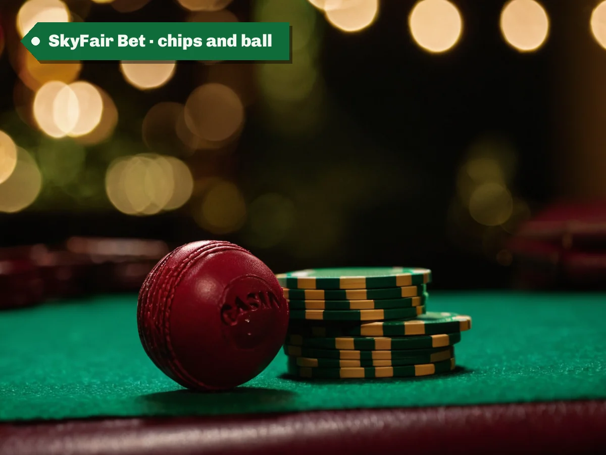 SkyFair Bet · chips and ball — casino chips beside a cricket ball on green felt