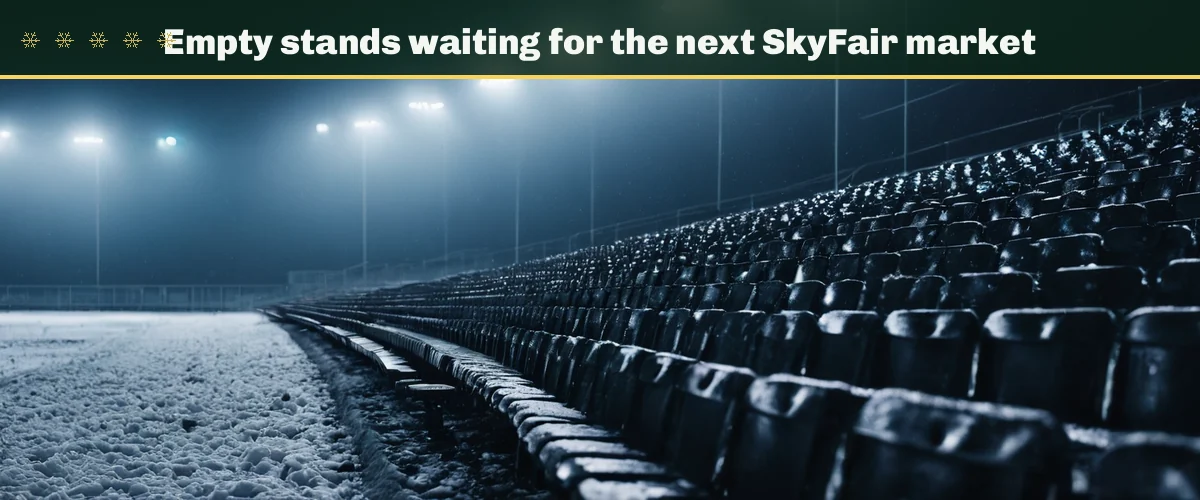 Empty stands waiting for the next SkyFair market — a snowy stadium grandstand under floodlights