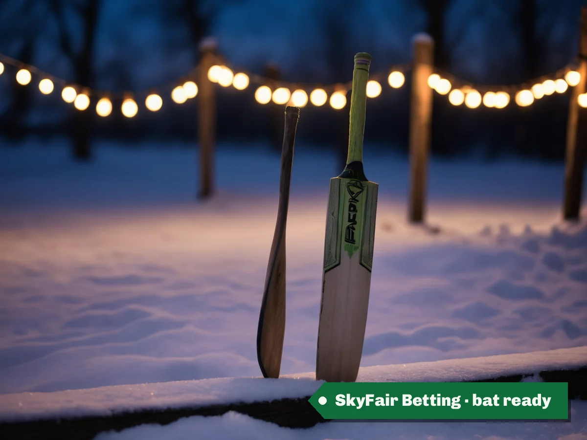 SkyFair Betting · bat ready — a willow bat against a snowy fence under bulbs