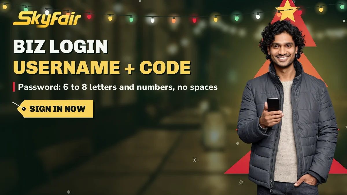 Biz Login: Username + code banner, password: 6 to 8 letters and numbers, no spaces, man in a puffer jacket, thumb up