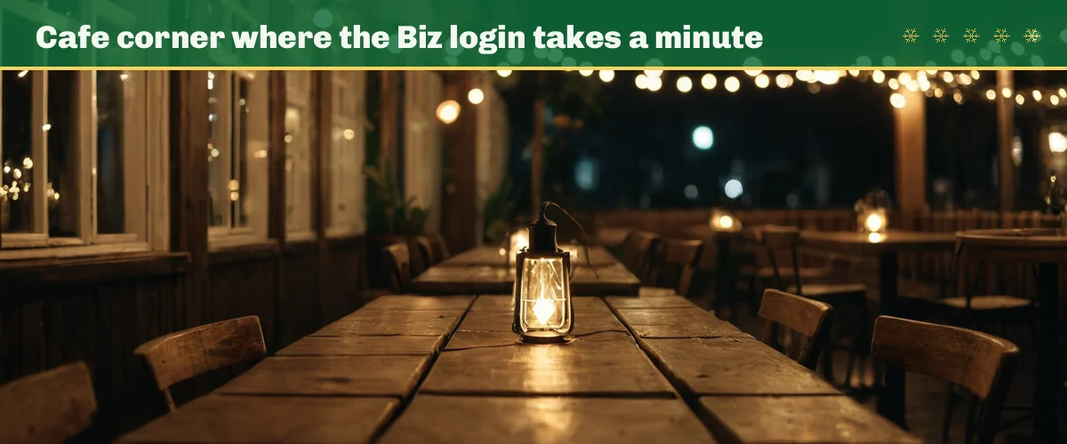Cafe corner where the Biz login takes a minute — a cafe with string lights over long tables