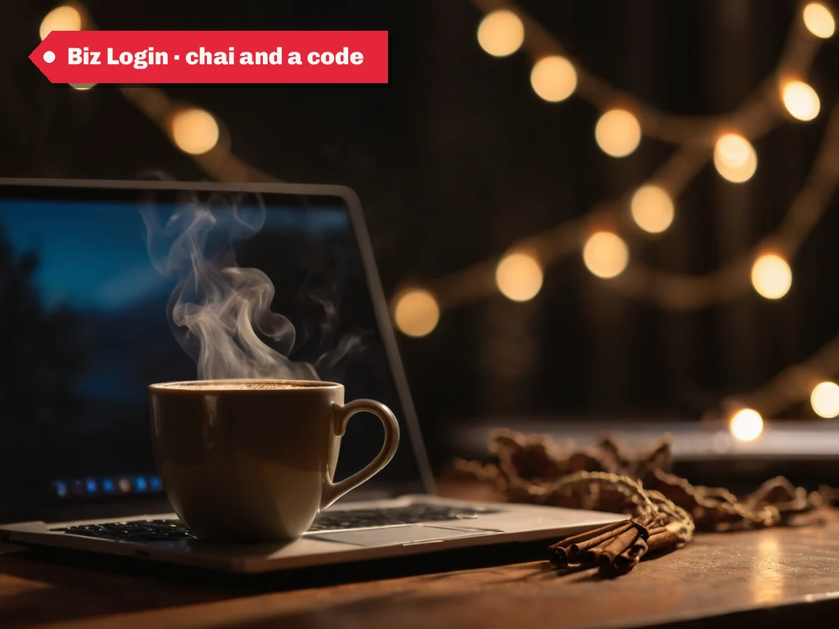 Biz Login · chai and a code — a mug of masala chai beside a closed laptop