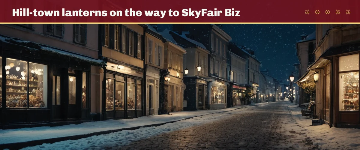 Hill-town lanterns on the way to SkyFair Biz — a lantern-lit hill street in snowfall