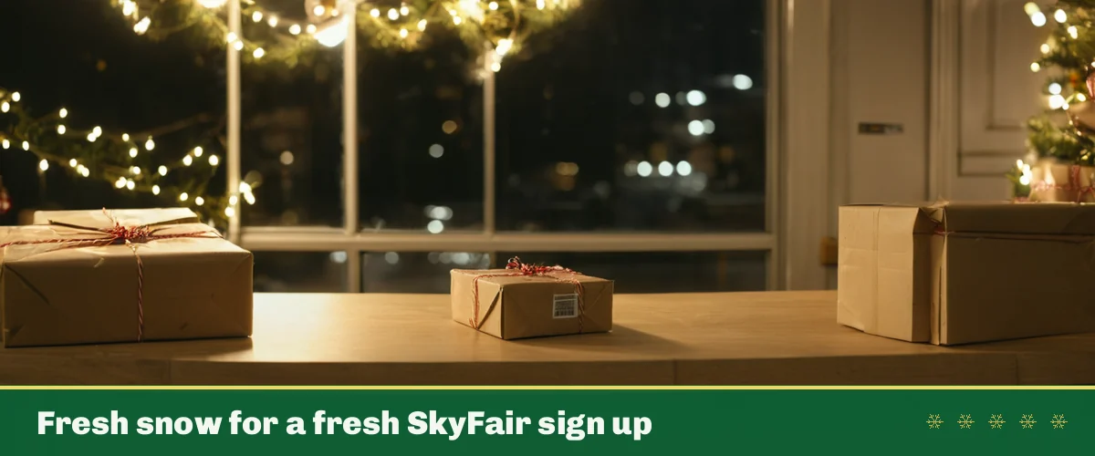 Fresh snow for a fresh SkyFair sign up — a wide snowy night scene