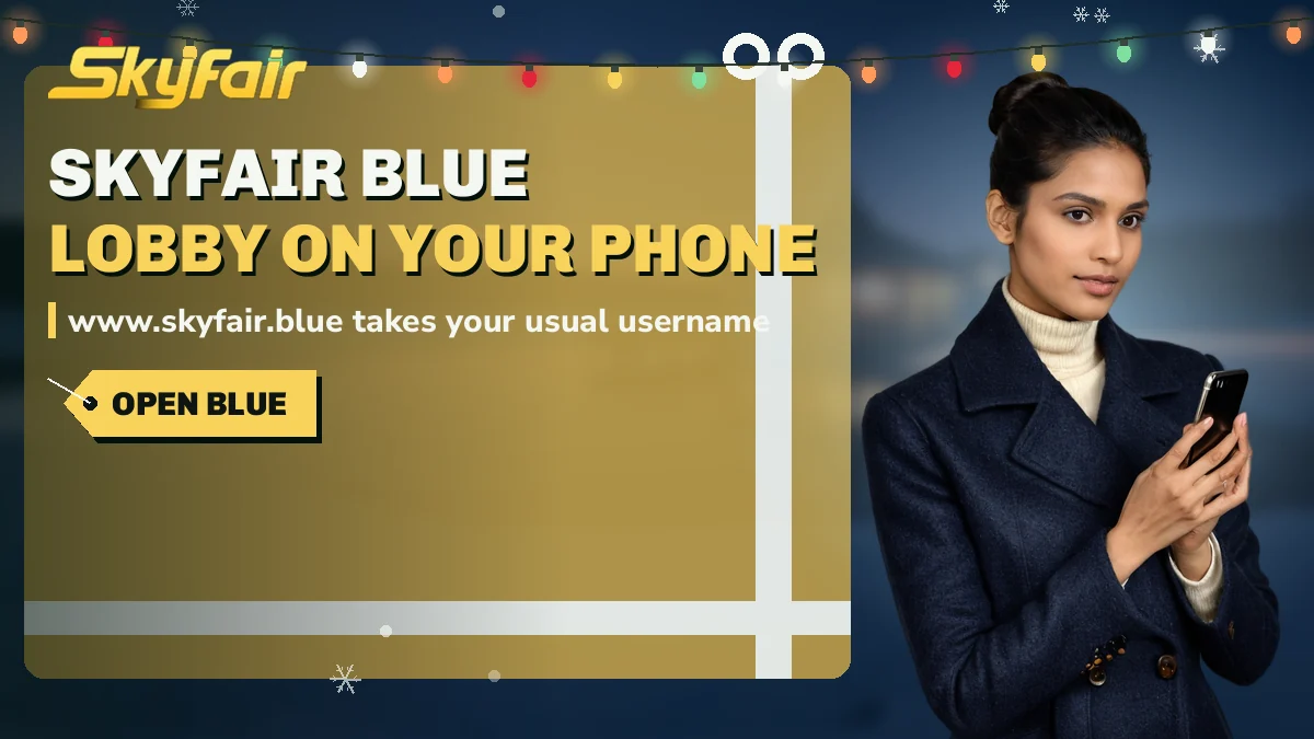 SkyFair Blue: Lobby on your phone banner, www.skyfair.blue takes your usual username, woman in a navy coat with phone