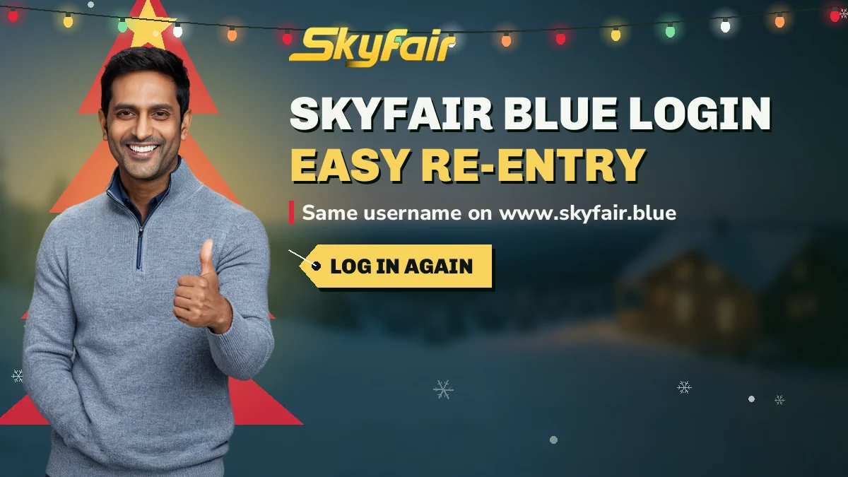 SkyFair Blue Login: Easy re-entry banner, same username on www.skyfair.blue, man in cobalt giving a thumbs up