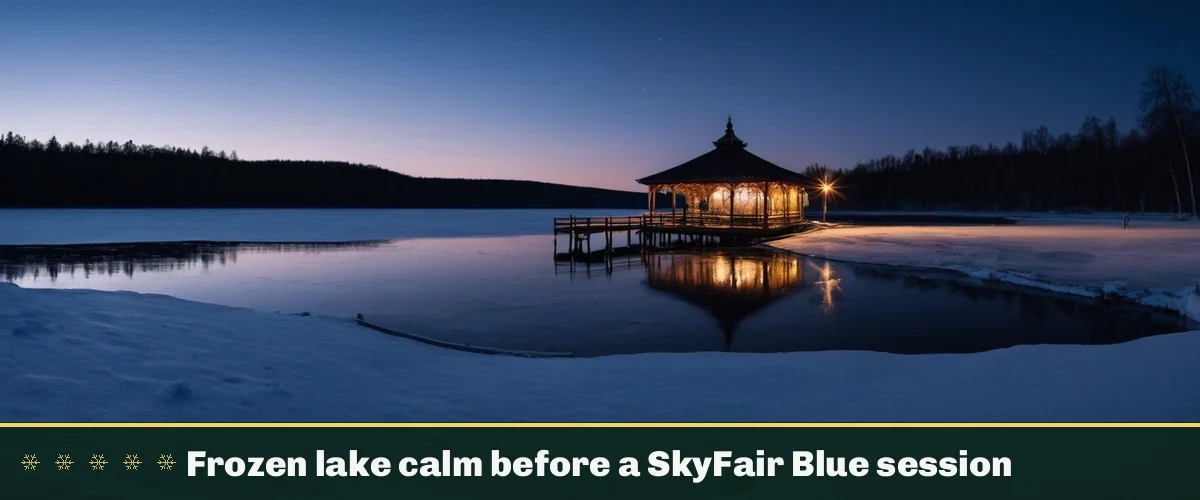 Frozen lake calm before a SkyFair Blue session — a frozen lake with a lit pavilion on the shore