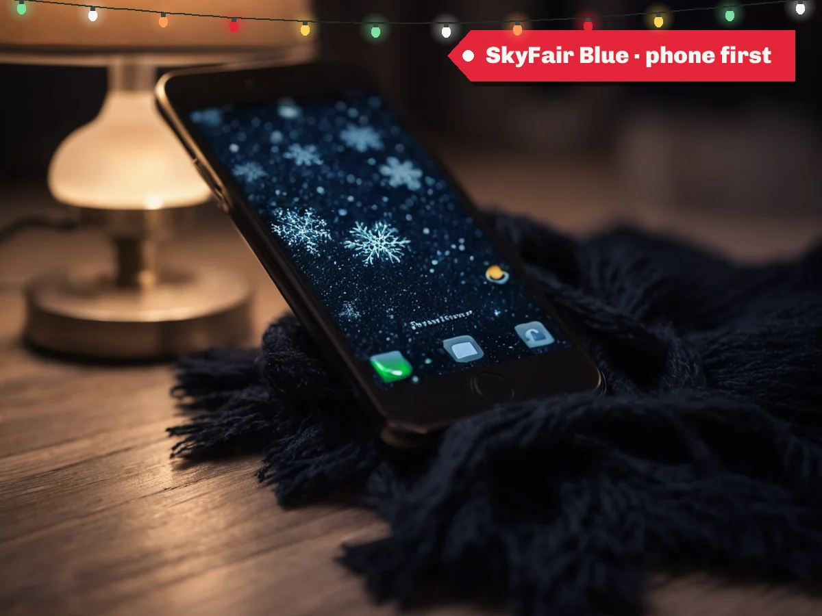 SkyFair Blue · phone first — a phone resting on a navy wool scarf under falling snow