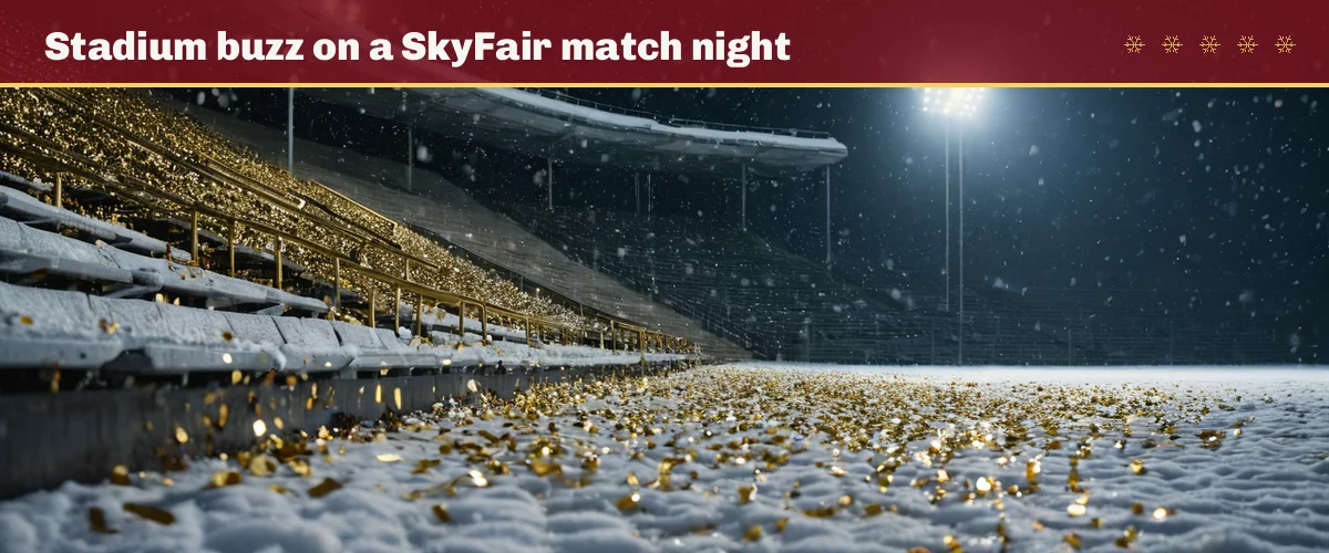 Stadium buzz on a SkyFair match night — a wide snowy night scene