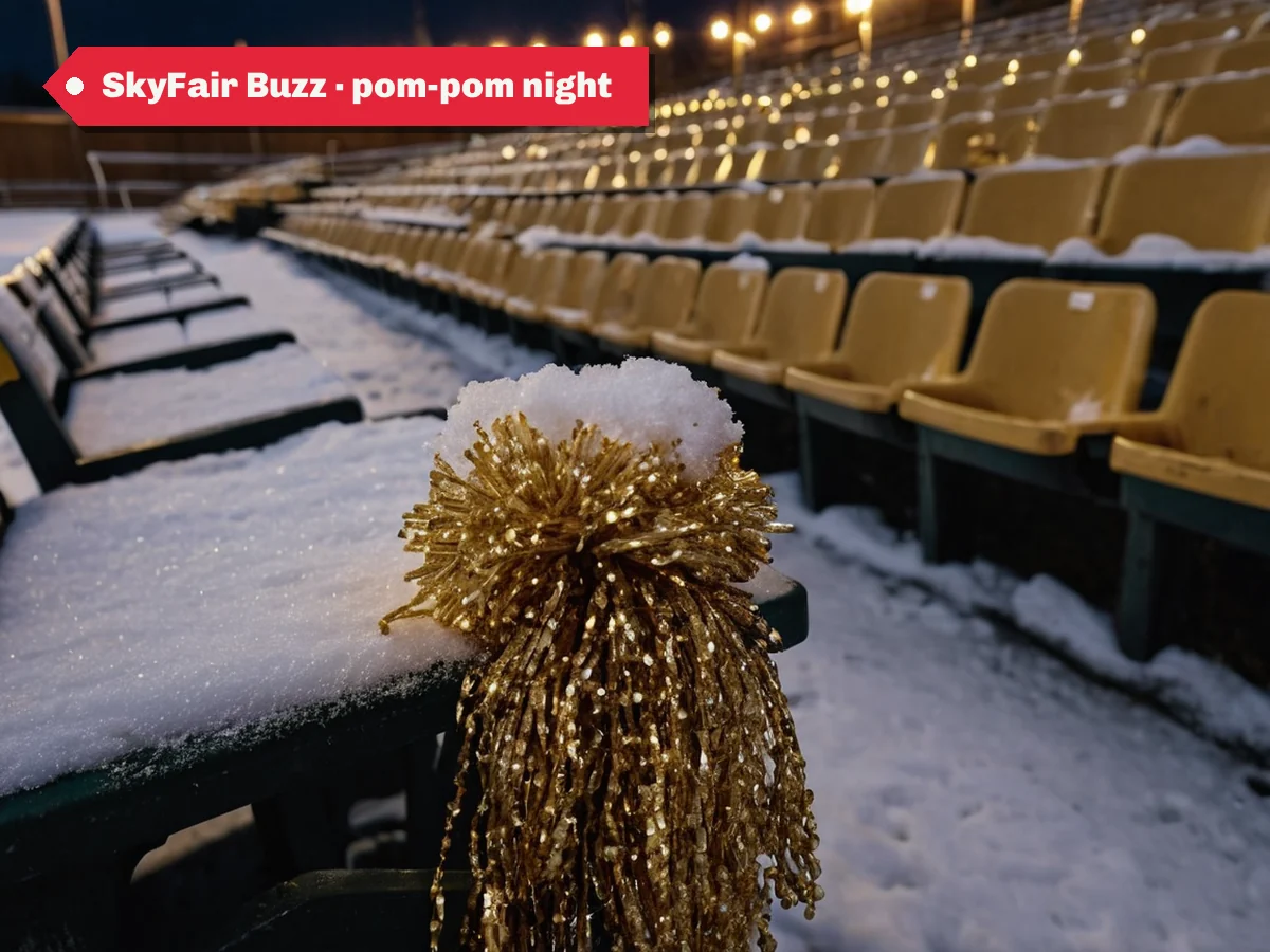SkyFair Buzz · pom-pom night — gold pom-poms on snowy stadium bleachers