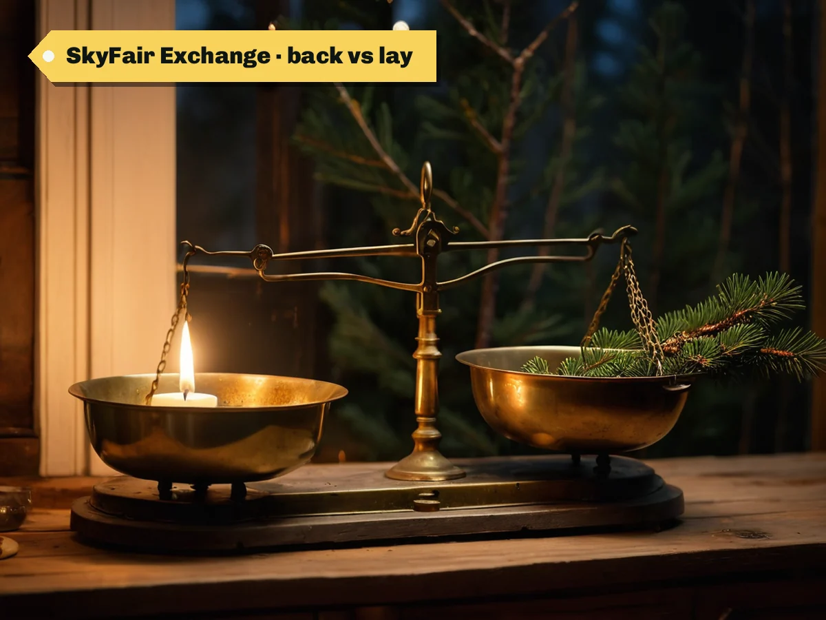 SkyFair Exchange · back vs lay — brass scale pans balanced on a counter with pine