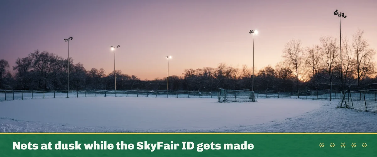 Nets at dusk while the SkyFair ID gets made — snow-dusted cricket nets under warm lights