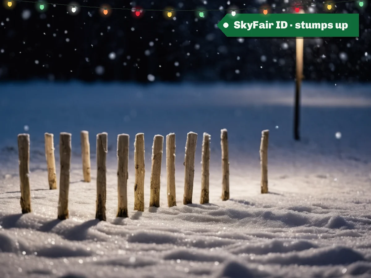 SkyFair ID · stumps up — fresh stumps and bails in light snow under floodlights