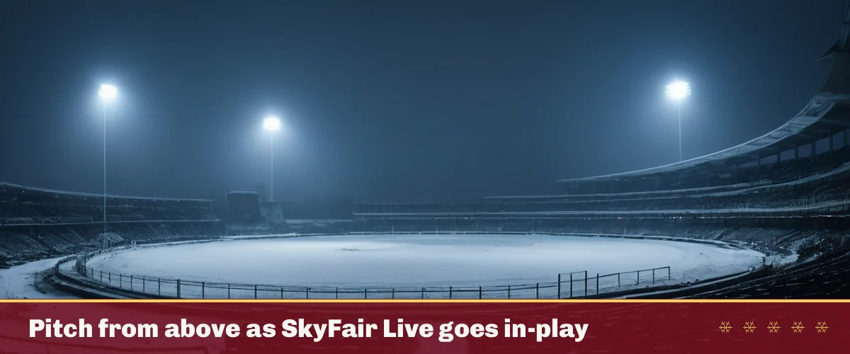 Pitch from above as SkyFair Live goes in-play — a floodlit stadium seen from high above