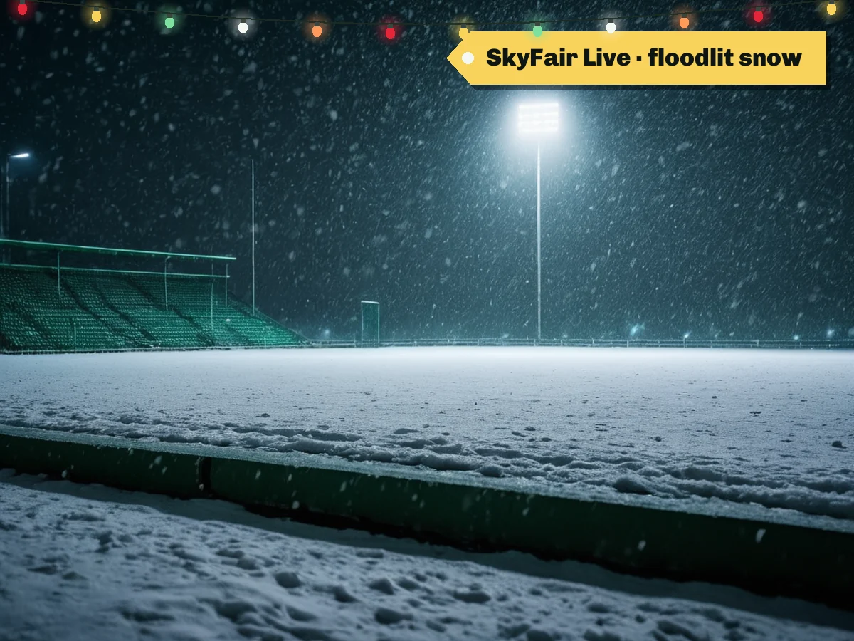 SkyFair Live · floodlit snow — stadium floodlights glowing through falling snow