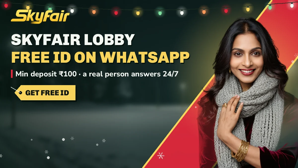 SkyFair Lobby: Free id on whatsapp banner, min deposit ₹100 · a real person answers 24/7, host in a crimson top welcoming