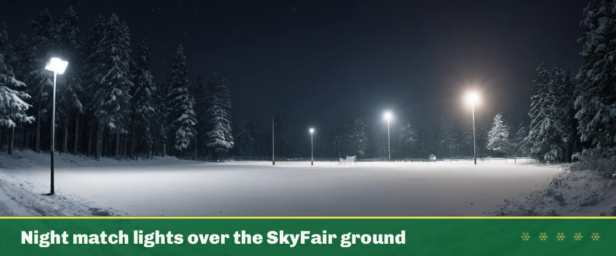 Night match lights over the SkyFair ground — a snowy cricket ground with floodlights and lit pines