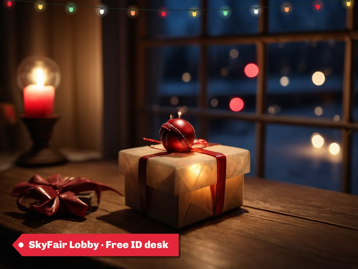 SkyFair Lobby · Free ID desk — a red cricket ball and a wrapped gift by a frosted window
