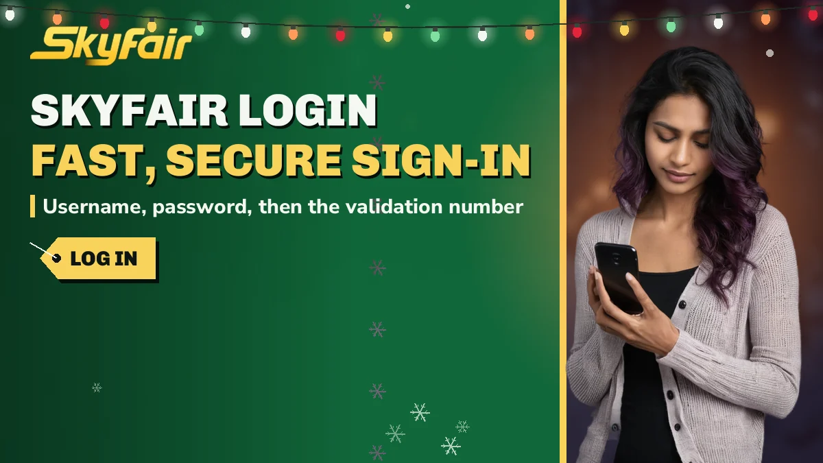 SkyFair Login: Fast, secure sign-in banner, username, password, then the validation number, woman in plum typing on a phone