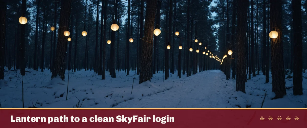 Lantern path to a clean SkyFair login — a pine forest path lit by hanging lanterns