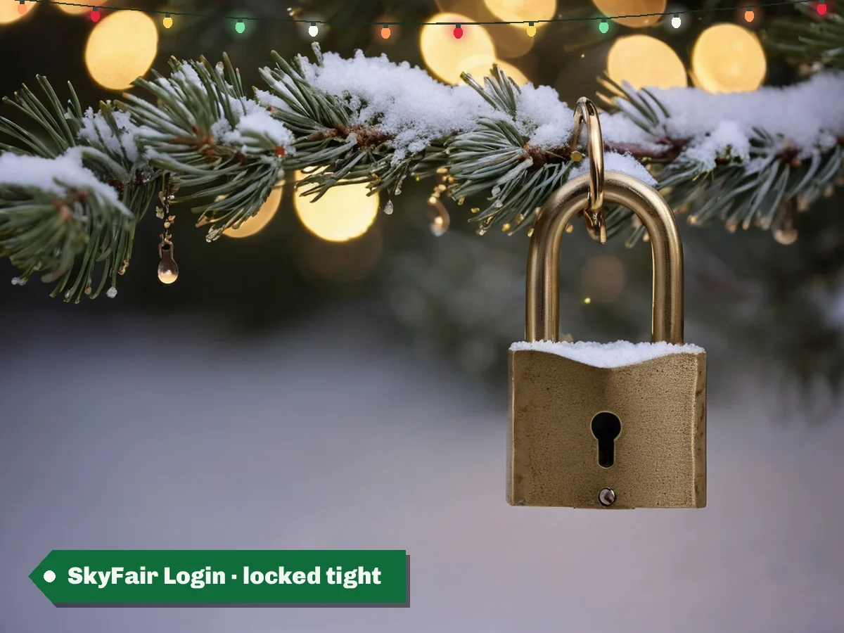 SkyFair Login · locked tight — a brass padlock hanging on a snowy pine branch