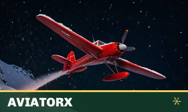 Aviatorx tile in the SkyFair lobby — a small red propeller airplane climbing into a dark night sky with falling snow and a glowing trail