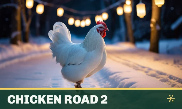 Chicken Road 2 tile in the SkyFair lobby — a white hen walking across a snowy country road lined with glowing lanterns at night
