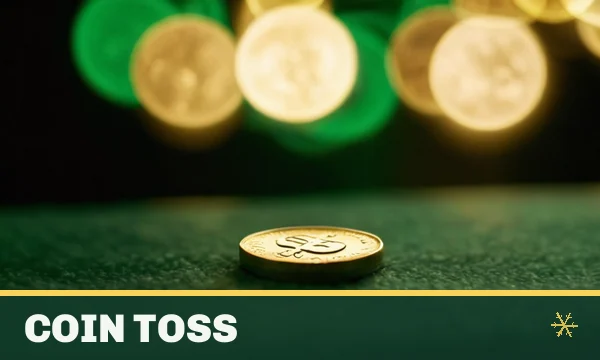 Coin Toss tile in the SkyFair lobby — a single gold coin spinning in mid air above a green felt table