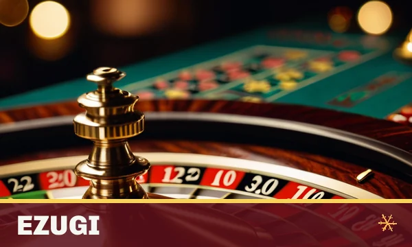Ezugi tile in the SkyFair lobby — close-up of a polished wooden roulette wheel with a white ball
