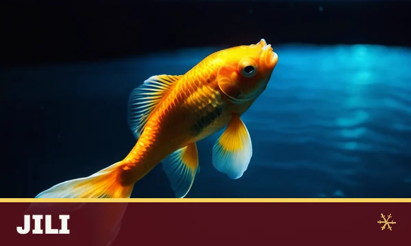 Jili tile in the SkyFair lobby — a glowing golden koi fish swimming through deep blue water with light rays