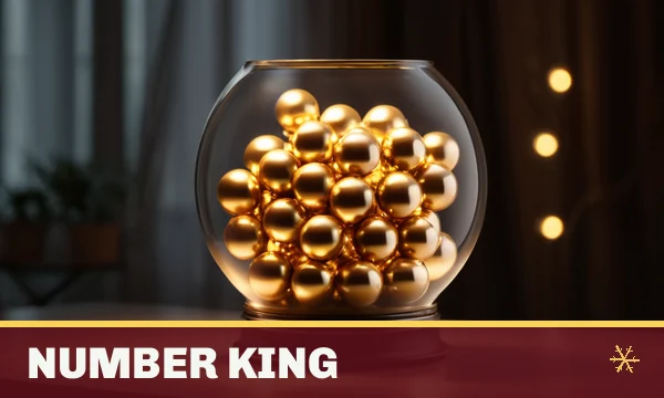 Number King tile in the SkyFair lobby — several glossy blank lottery balls tumbling in a glass drum