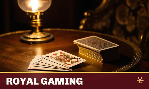 Royal Gaming tile in the SkyFair lobby — an ornate brass-inlaid card table with a fan of playing cards and stacked chips
