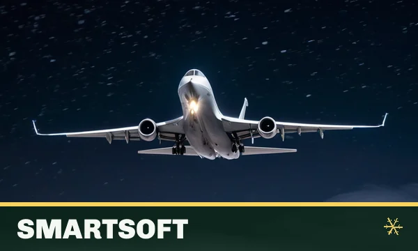 Smartsoft tile in the SkyFair lobby — a sleek silver jet aircraft streaking upward through a night sky with light snow and a bright exhaust glow