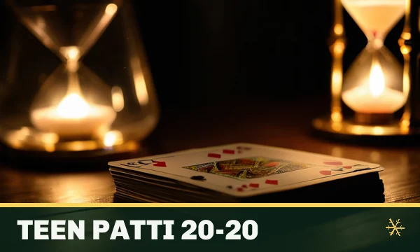 Teen Patti 20-20 tile in the SkyFair lobby — three cards beside a brass hourglass