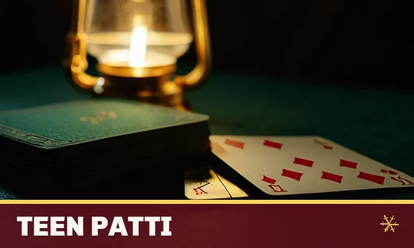 Teen Patti tile in the SkyFair lobby — three cards face down beside gold chips