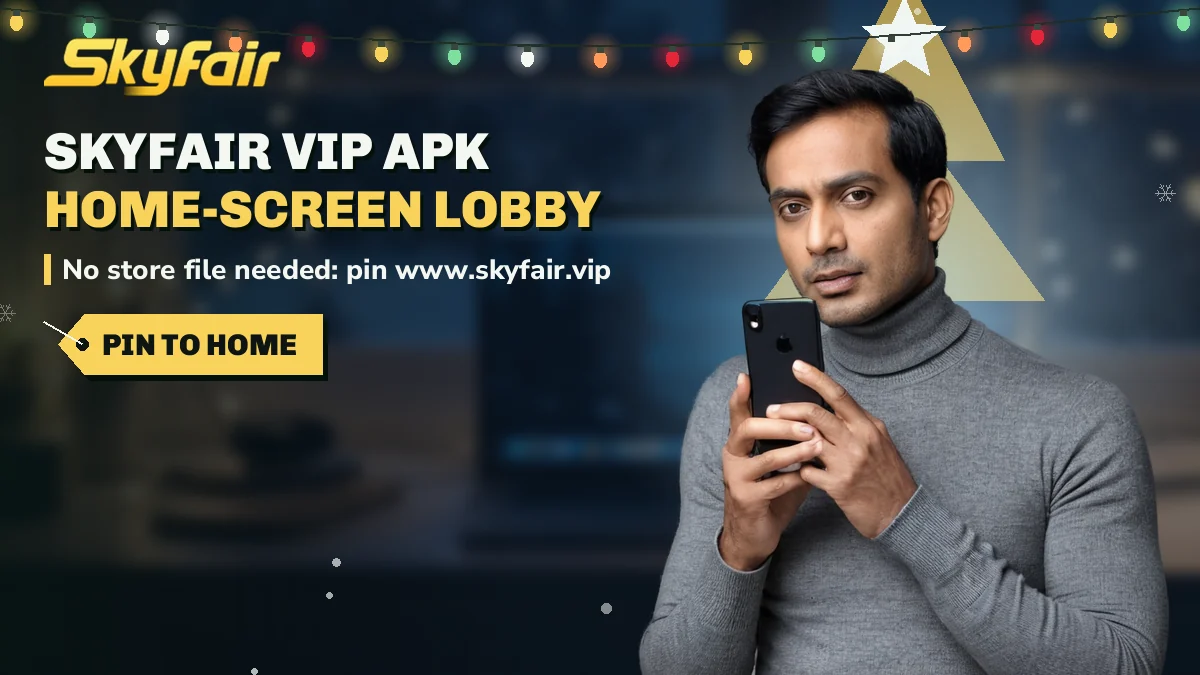 SkyFair Vip Apk: Home-screen lobby banner, no store file needed: pin www.skyfair.vip, man in a black turtleneck with phone