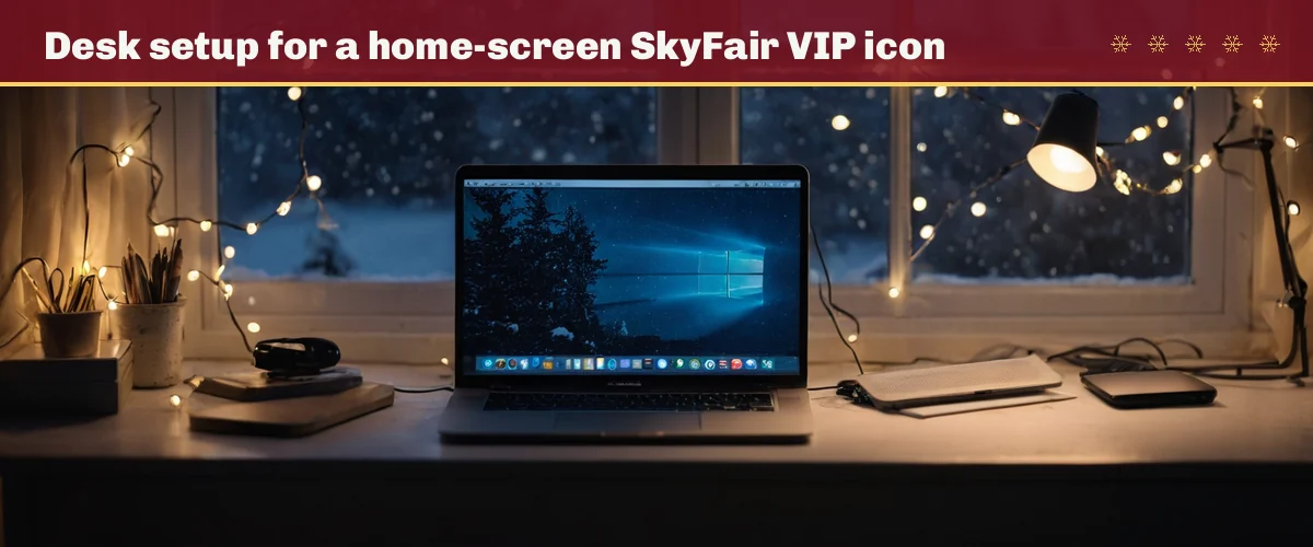 Desk setup for a home-screen SkyFair VIP icon — a phone stand and laptop by a snowy window
