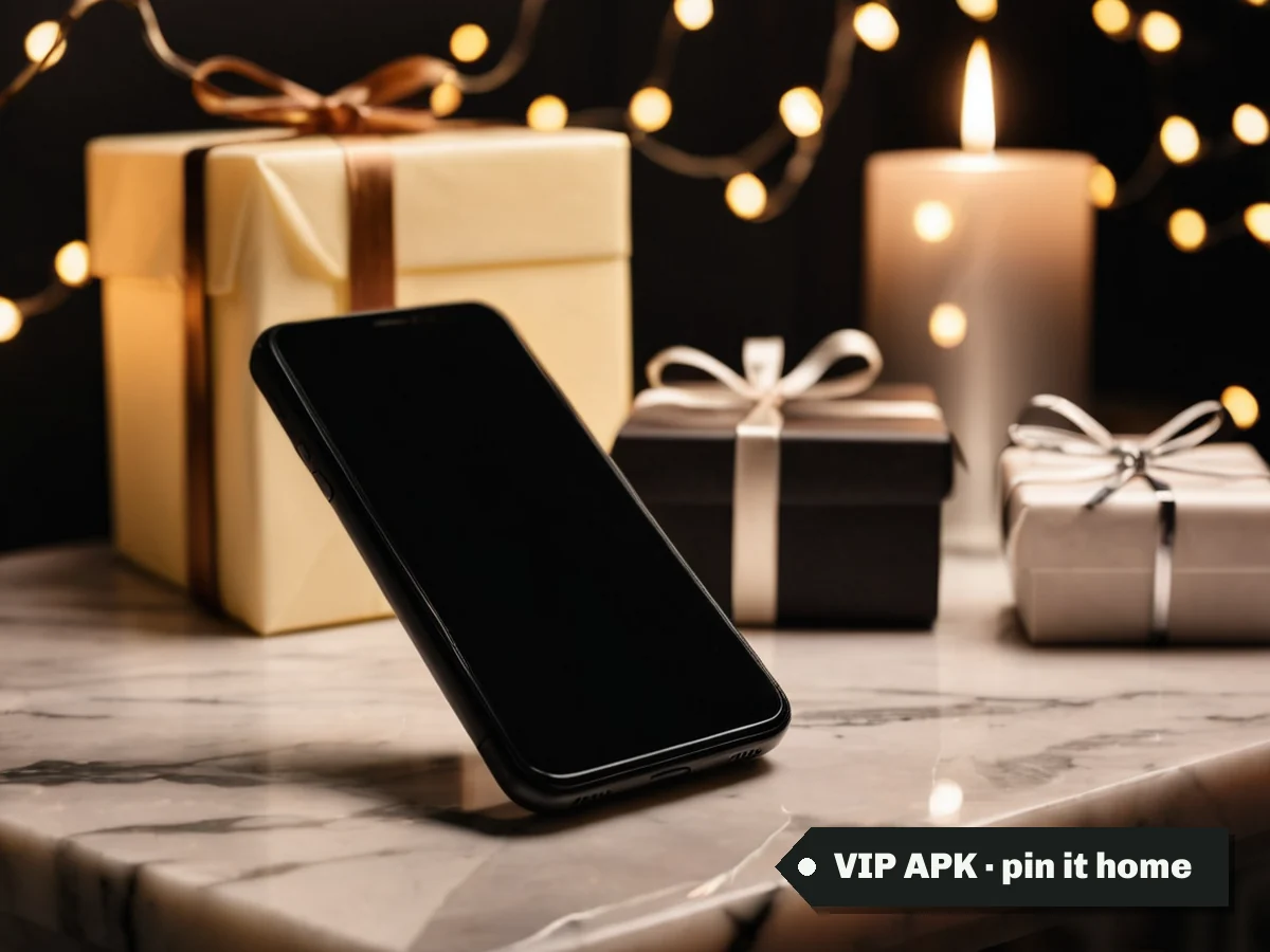 VIP APK · pin it home — a phone on a stand next to a wrapped gift