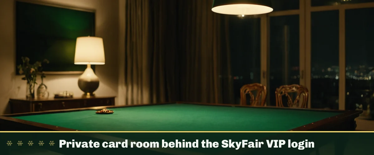 Private card room behind the SkyFair VIP login — a felt card table under pendant lamps