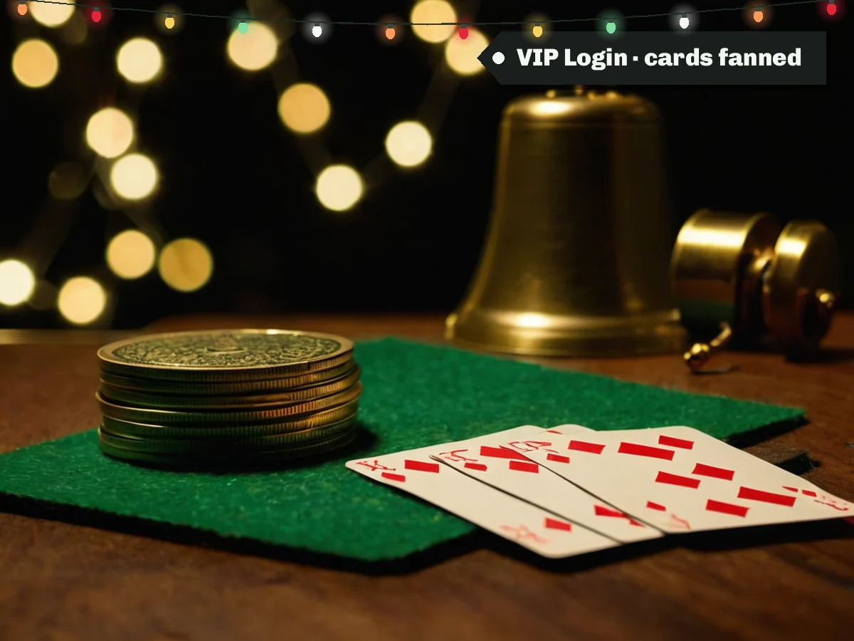 VIP Login · cards fanned — a fanned deck of cards beside a brass bell on felt