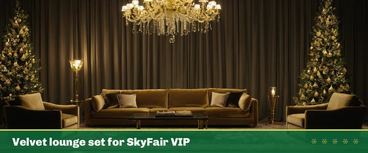 Velvet lounge set for SkyFair VIP — a velvet lounge with gold lamps and a tall tree