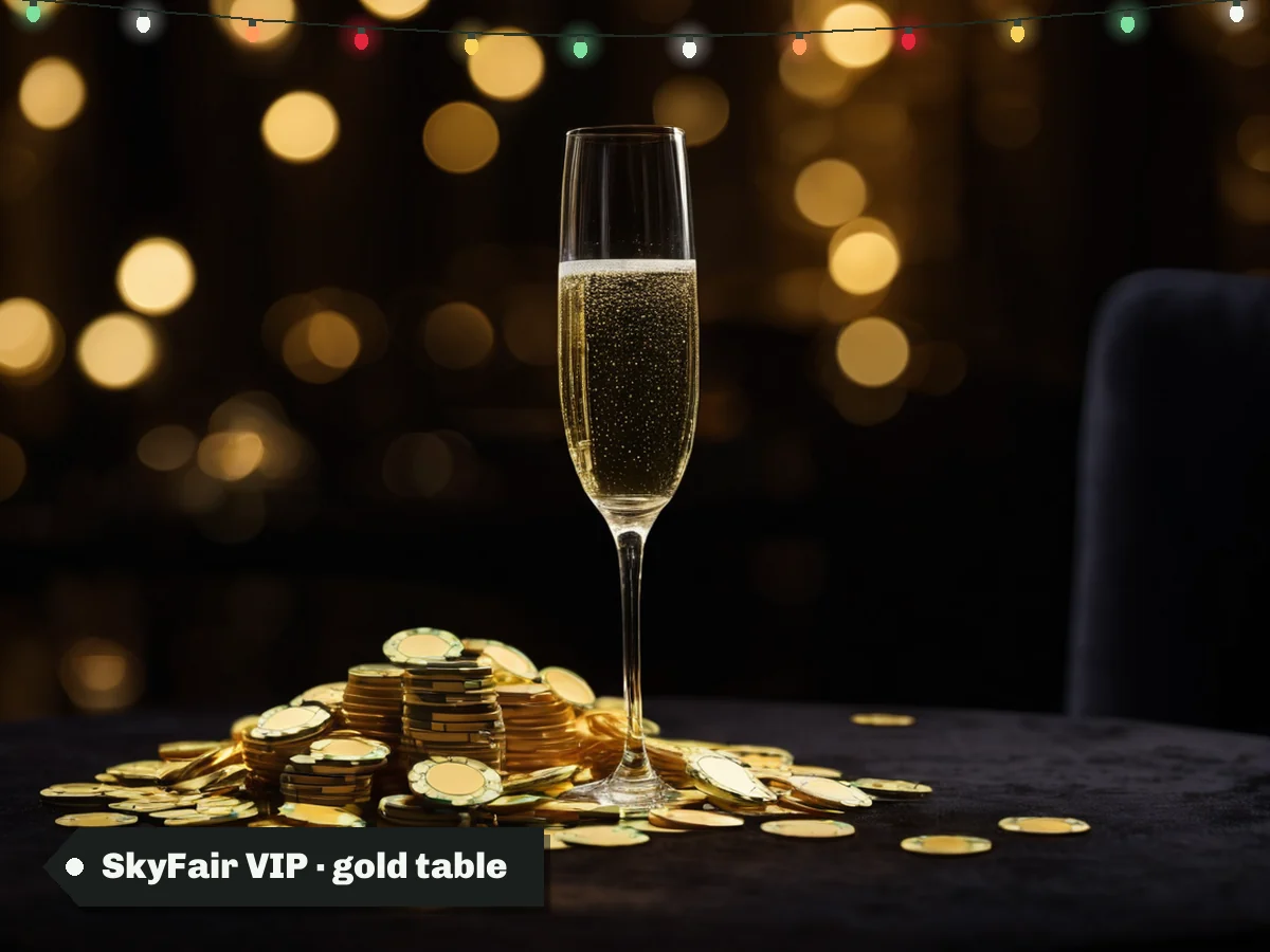 SkyFair VIP · gold table — a champagne flute and casino chips on dark velvet